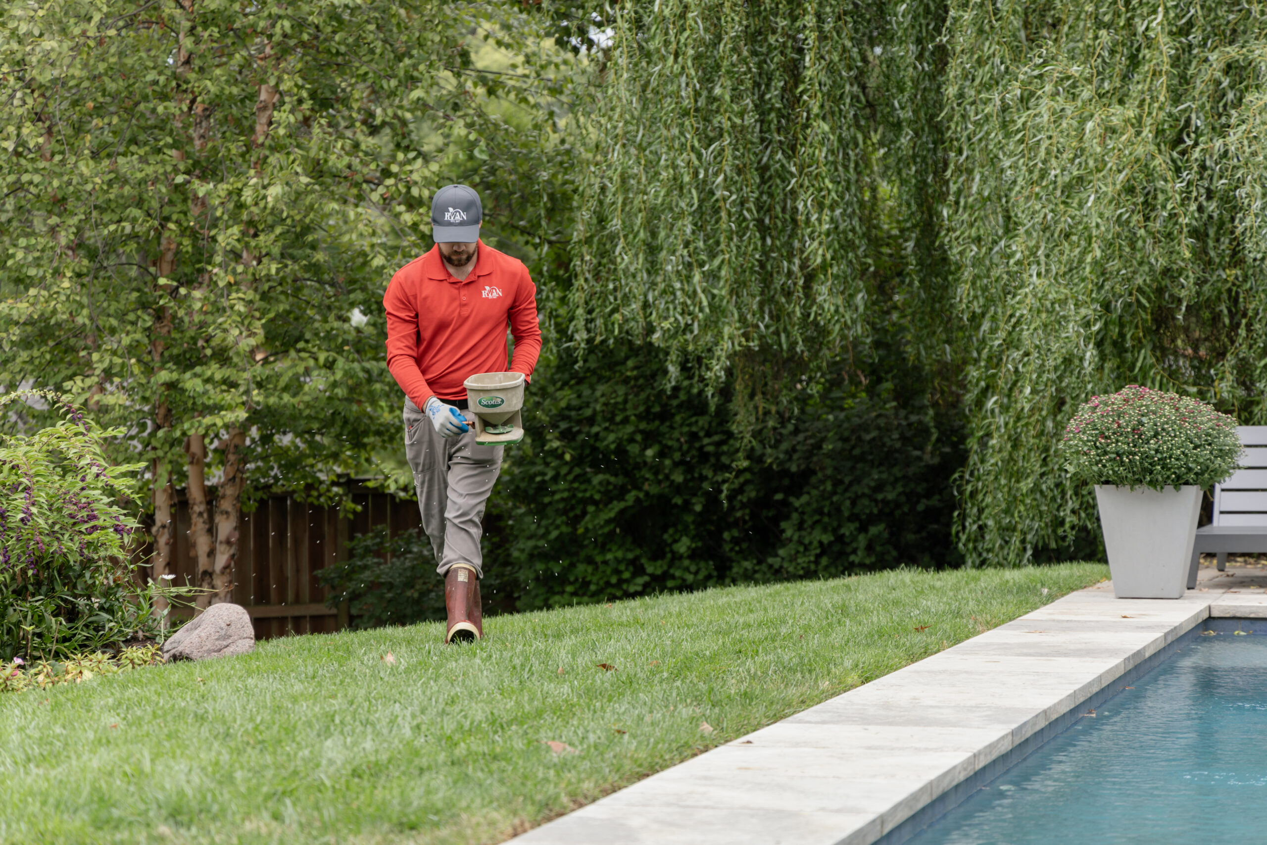 RYAN pro seeding a lawn near a pool